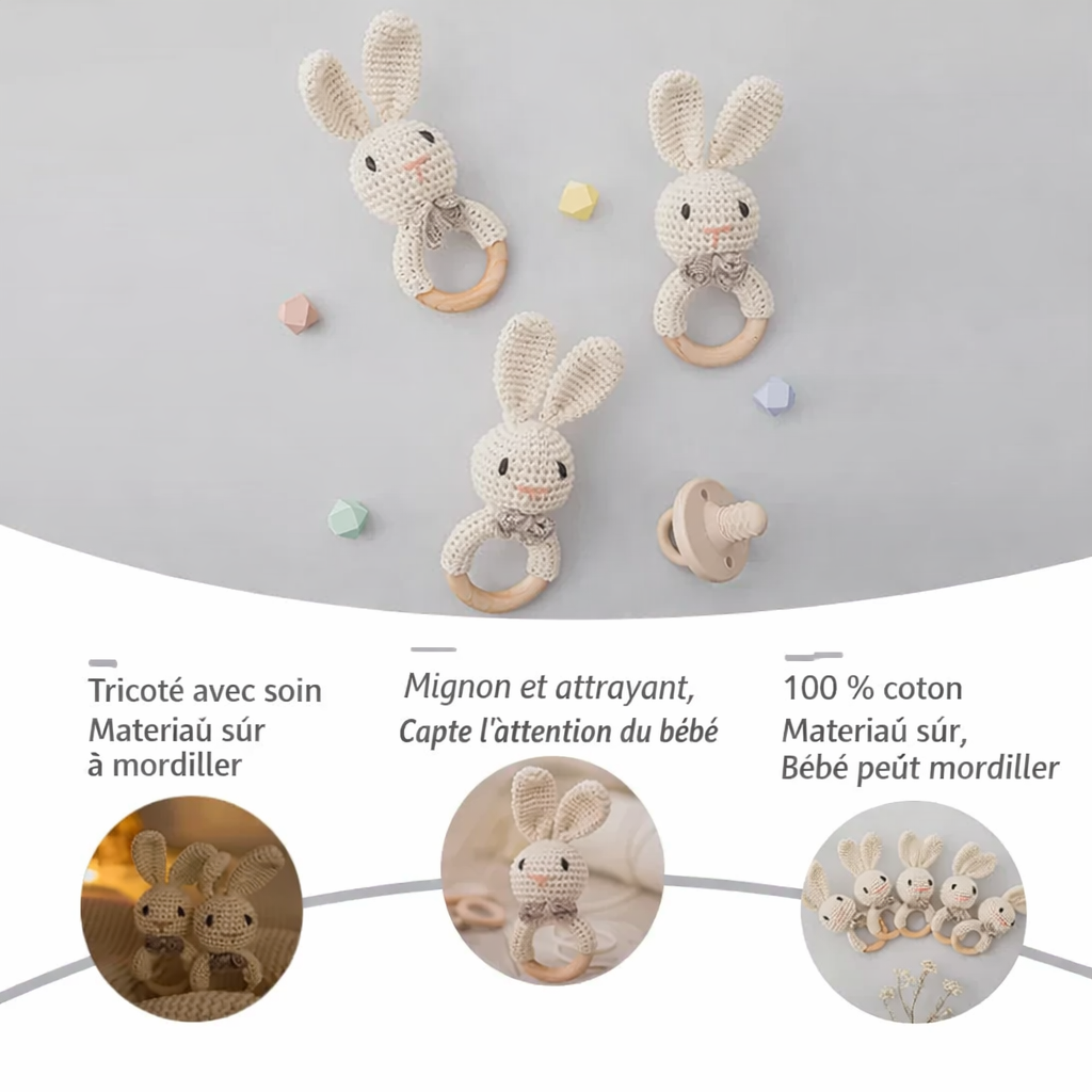 Hochet Montessori en Bois pour Bébé – Anneau de Dentition Crochet Animal & Jouet Sensoriel
