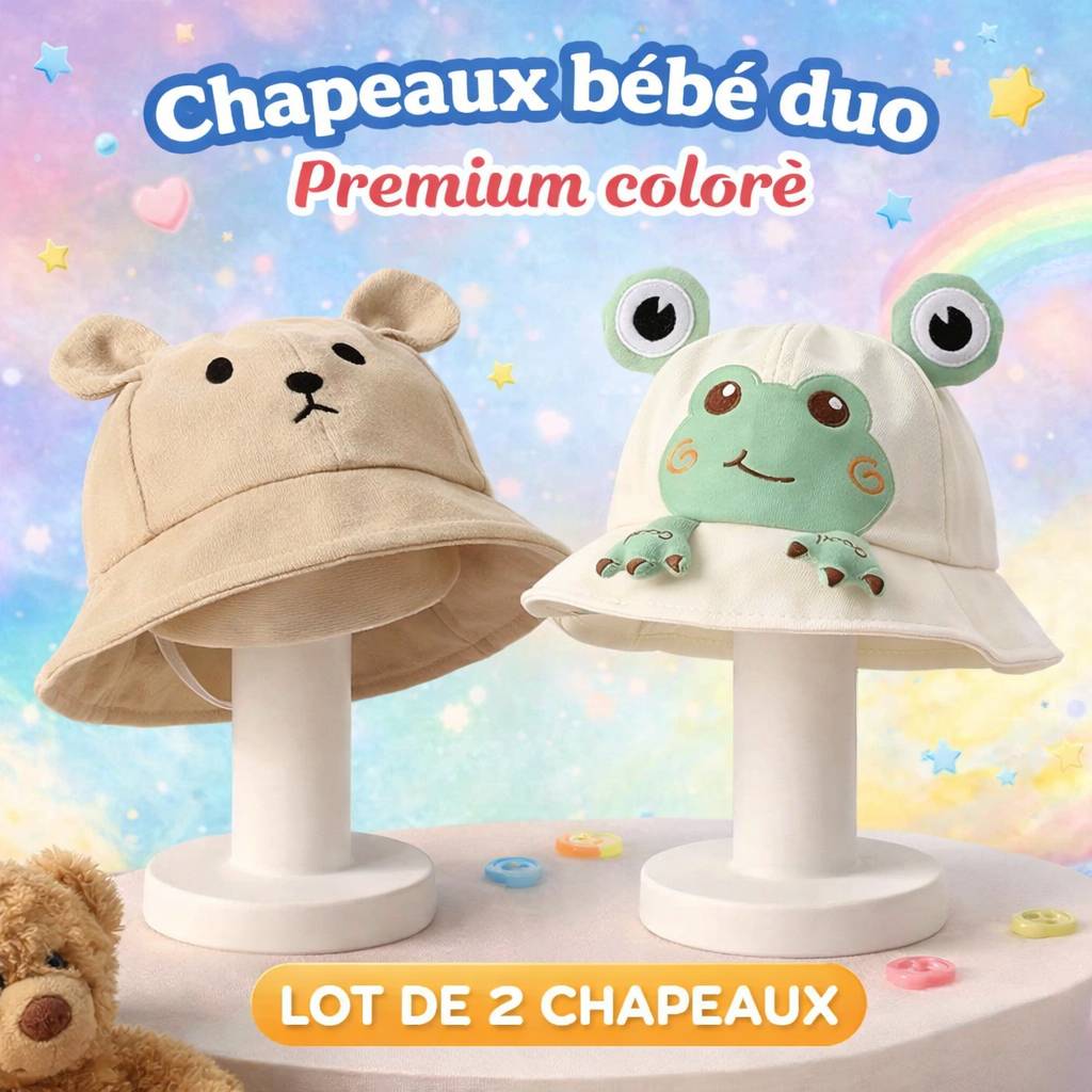 Duo Chapeaux Bébé Soleil – Grenouille & Ourson