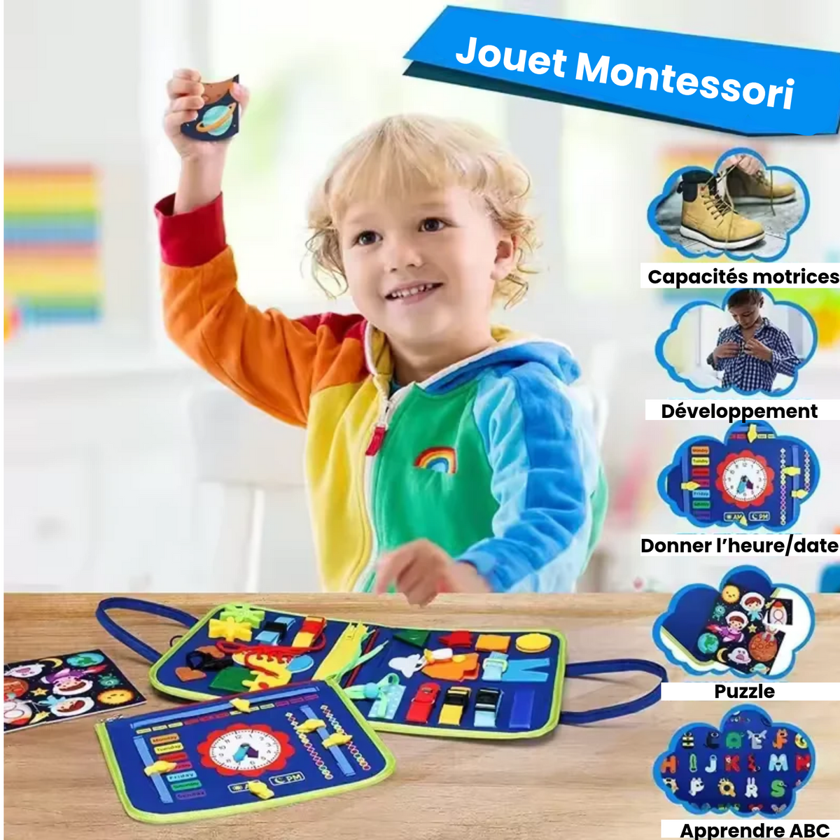 Busy Board Montessori – Tableau d’Activités Sensoriel & Motricité Fine